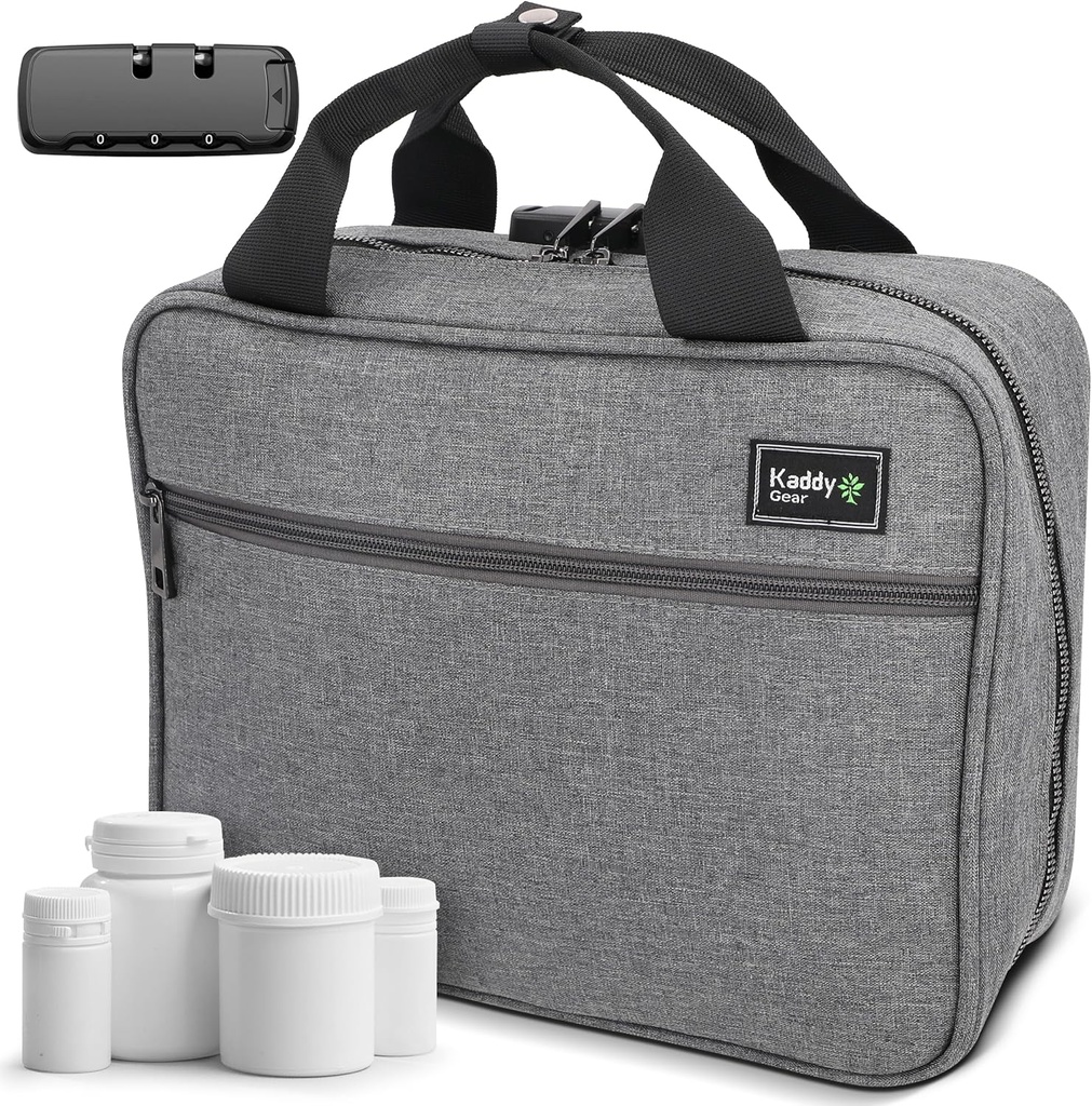 Kaddy Large Medicine Bag, Sikker, polstret, Pille Organizer Box, tilfelle for flasker av medisin eller kosttilskudd; Oppbevaring; Toalett; 3 Digit Lock, Grå