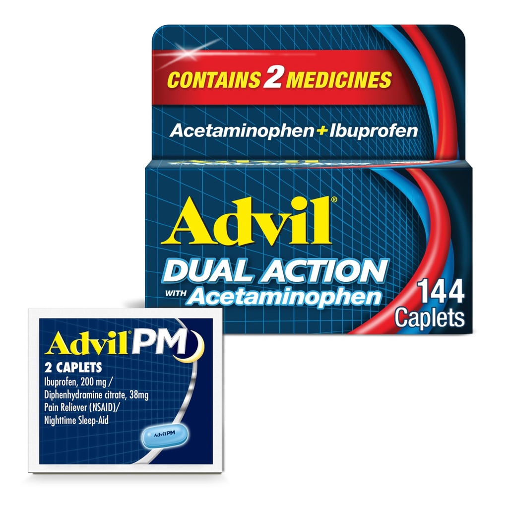 Advil Dual Action Med Acetaminophen Og Ibuprofen (2 Dose Ekvivalent) For 8 timers smertelindring, belagt 144 Ct kapler og 2 Ct. Eksempel på Advil PM