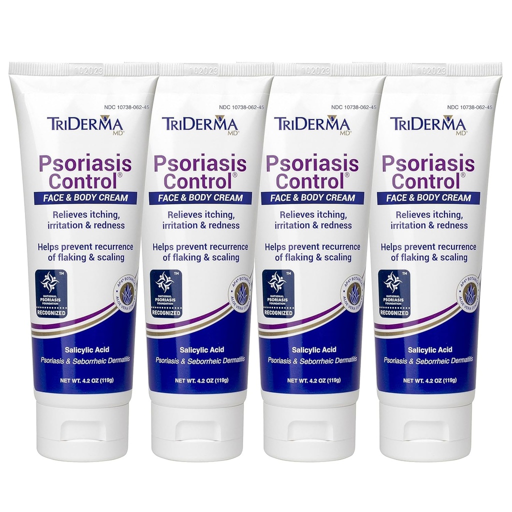 TriDerma Psoriasis Control Ansikts- og Kroppskrem - Maksimum styrke 3% salicylsyre, AP4 Aloe Vera Gel, Urea Cream - Extra moisturizing behandling, ingen kortison eller coal Tar - FSA kvalifisert - 4.2 oz, 4Pack