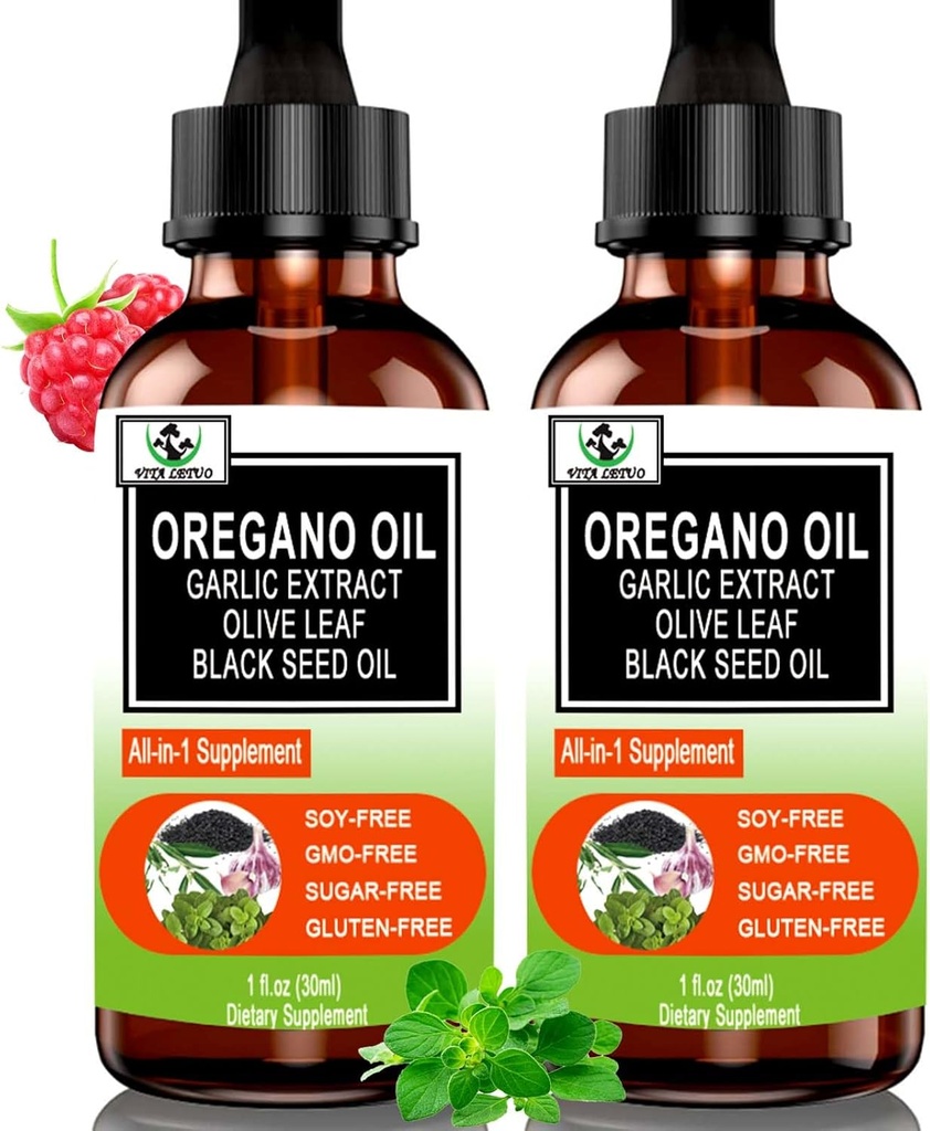 (2 Pack) Organisk olje av Oregano med svart frøolje for immun, digestiv støtte og antioksidant, w/Garlic Elderberry sesongstøtte 6X Absorpsjon flytende Oregano drops
