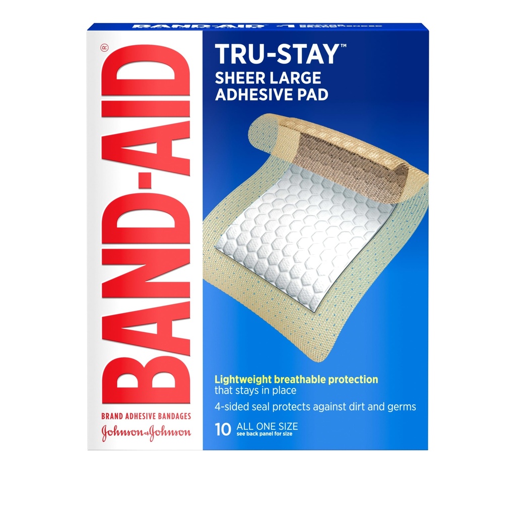 Band-Aid merke Tru-Stay klesmerker, sterle skinne bandasjer for førstehjelp og sår omsorg, pad dekker og beskytter mindre kutt, skrabber og brenner, lettvekt, stor størrelse, 10 teller