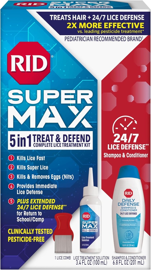 RID Super Max Lice Behandlingssett, dreper Lice & Super Lice & Egg + 24/7 Lice Defense, Pesticid Free, 3.4 FL OZ løsning + 6,8 FL OZ Daily Defense Shampoo & Conditioner + Nit fjerning Comb