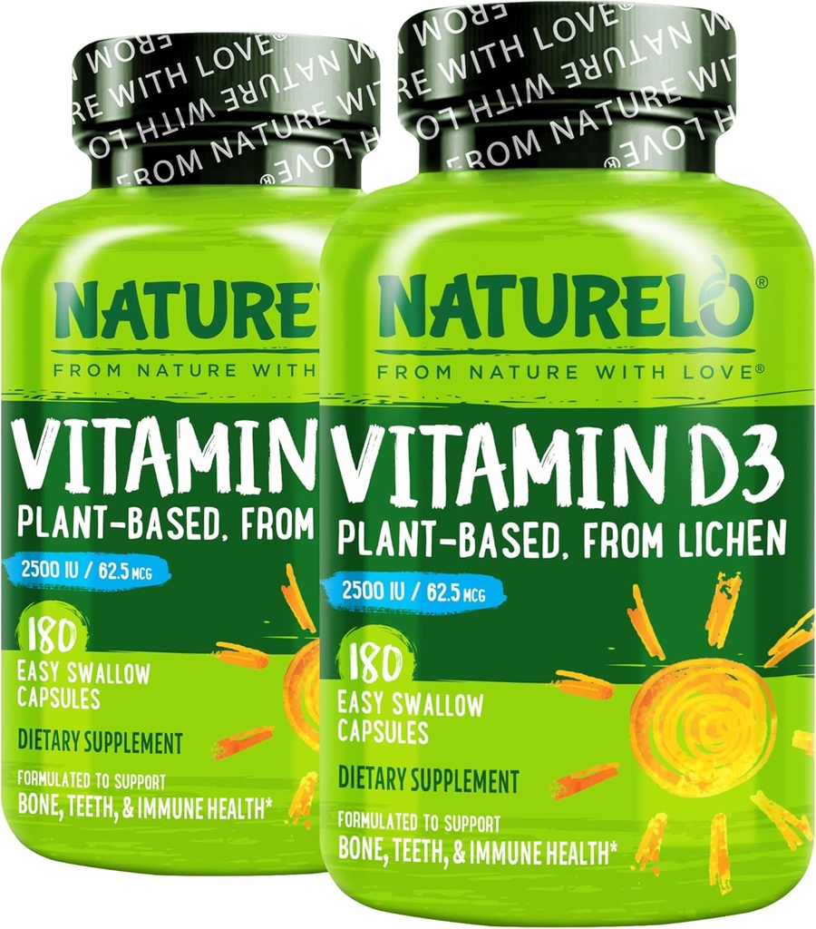 NATURELO Vitamin D - 2500 IE - Plante Basert fra Lichen - Naturlig D3 Supplement for immunsystem, Beinstøtte, felles helse - Vegan - Ikke-GMO - Glutenfri - 180 kapsler (Pack of 2)
