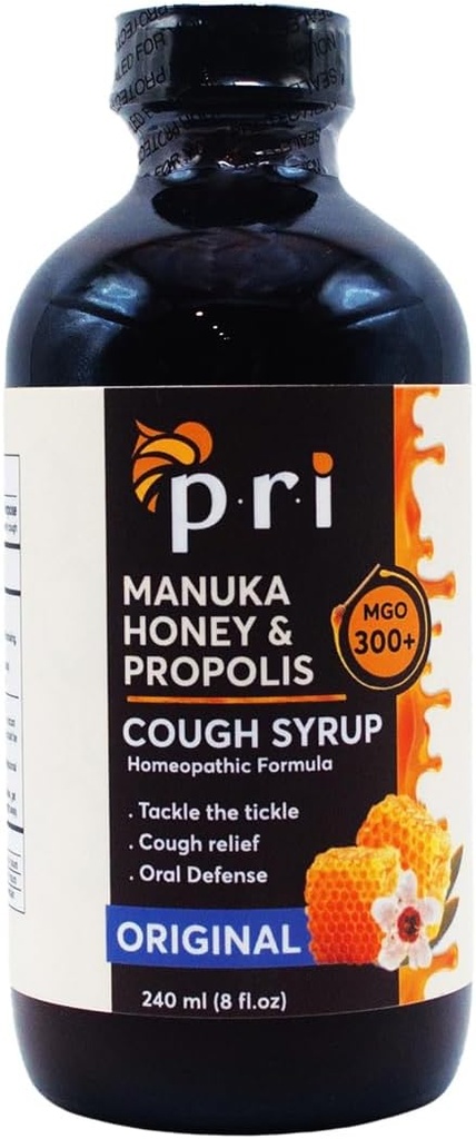 P.R.I Naturlig tørr Cough Syrup med Manuka Honning, Propolis, Te Treolje og vitamin C - Sore Throat & Immune Support, Original Flavor, 8oz