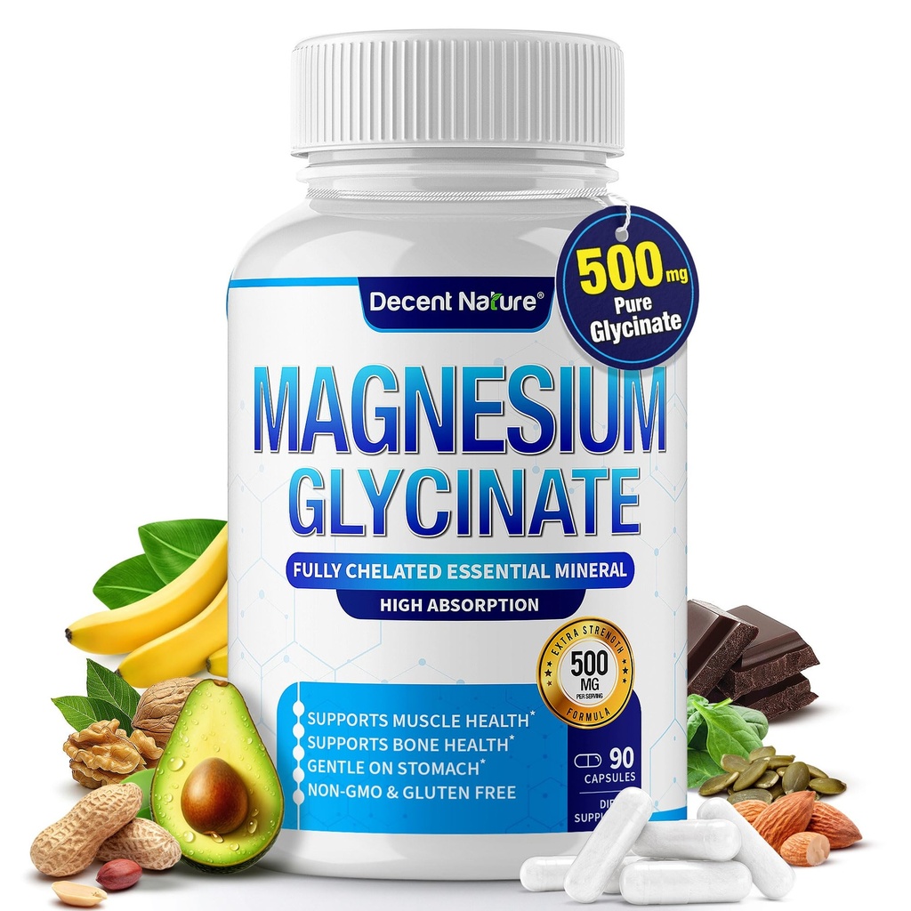 Magnesium Glycinate 500mg Magnesium Supplement - Chelated for høy absorpsjon og biotilgjengelighet støtte søvn, muskel, bein, kramper, gjenoppretting og energi, vegansk ikke-GMO 90 kapsler