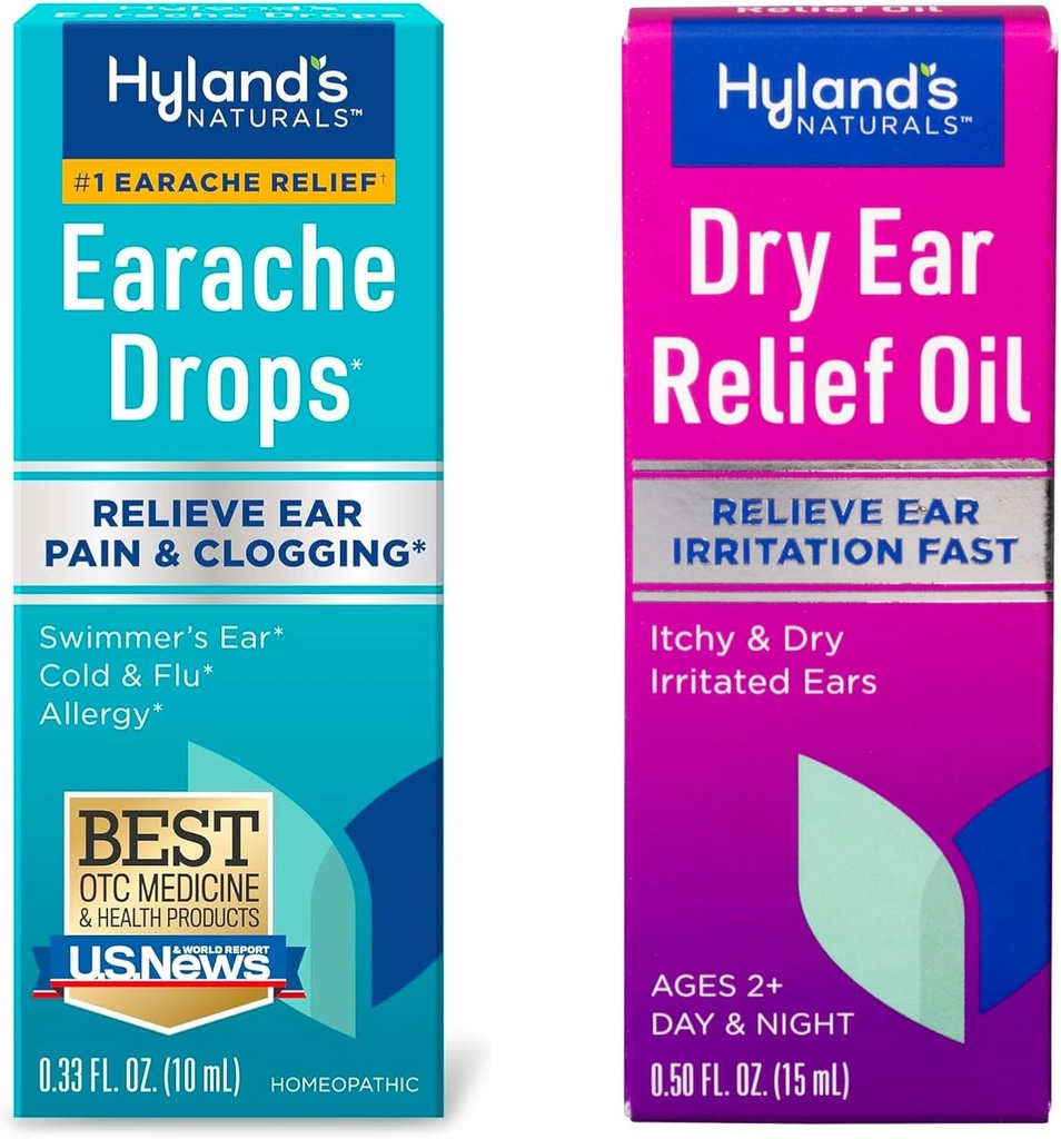 Bundle av Hylands øredobber 0,33 Fl Oz og tørr ørerelief olje, leeve øret irritasjon raskt, for kløe og tørr irritert ører, alder 2 og opp, dag og natt dråper, 0,5 Ounce