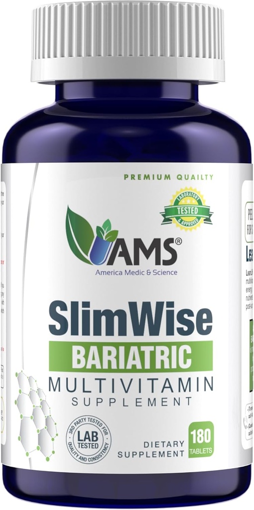 America Medic & Science SlimWise Bariatric Multivitamin – 180 Caplets | 2-Month Supply | Post Gastric Bypass & Erme Support | Jern, B12, vitamin D3, Folate | Easy-to-Swallow Bariatric vitaminer