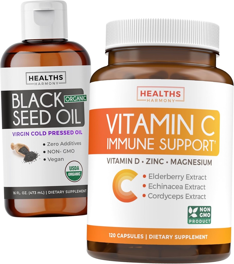 Svart Seed Olje flytende og immun støtte (2-måneders forsyning) Immunomaximer Bundle - Black Seed Oil Liquid (16fl.oz) Premium Kaldpresset Clack Cumin Seed Oil & vitamin C Immune Support (120 Veg Caps)