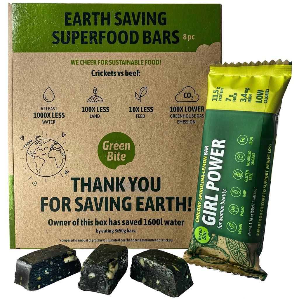 Jente Power Protein Bars Lav kalorie høy protein, Måltid erstatning barer for beste figur, Vegansk Protein Snacks, Jern-Rich Protein Bars, Ingen sukker, Chicory Spirulina Lemon Flavor, Pakke med 8 - Grønn Bite