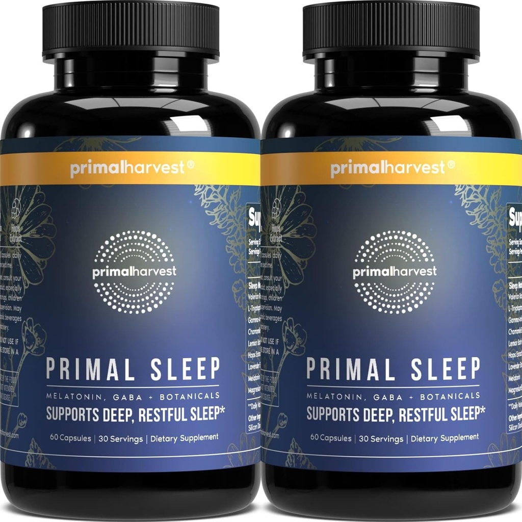 Primal Harvest 2 pakke, Primal søvn, 120 kapsler med Valerian Root, L-Tryptophan, GABA, Kamille og Melatonin 3mg