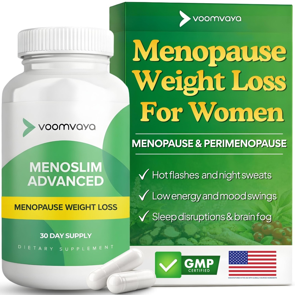 VoomVaya MenoSlim Advanced Menopause Vekttap for kvinner - Menopause & Perimenopause Kosttilskudd for kvinner - Estrogen Supplement & Menopause Relief for Hot Flashes, Bloating, Energi - 60 Kapsler