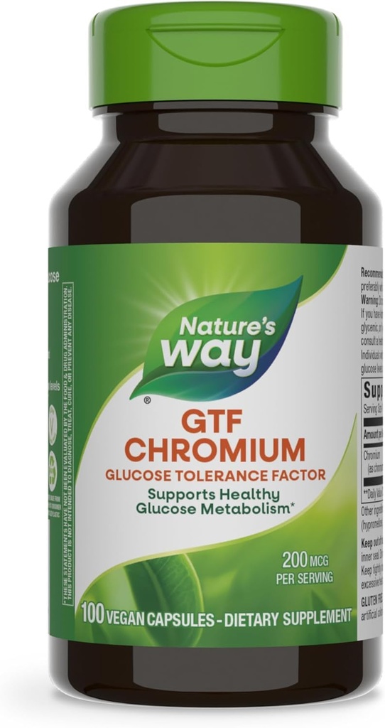 Naturens måte GTF kromium, glucosetoleranse Factor, støtter sunn glucosemetabolisme*, 200 mcg kromium per servering, 100 vegansk kapsler (Packaging May Vary)
