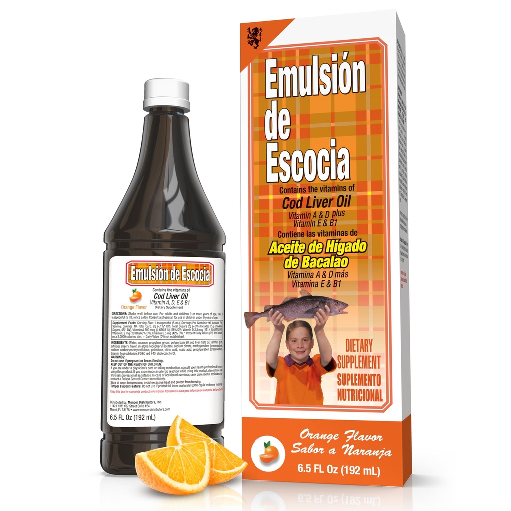 EMULSION DE ESCOCIA Cod Liver Oil, Orange Flavor, 6,5 fl oz (1 pakke) - Fiskeolje med vitaminer A, D, E, B1, Omega-3 for immun- og beinhelse, barn og voksne