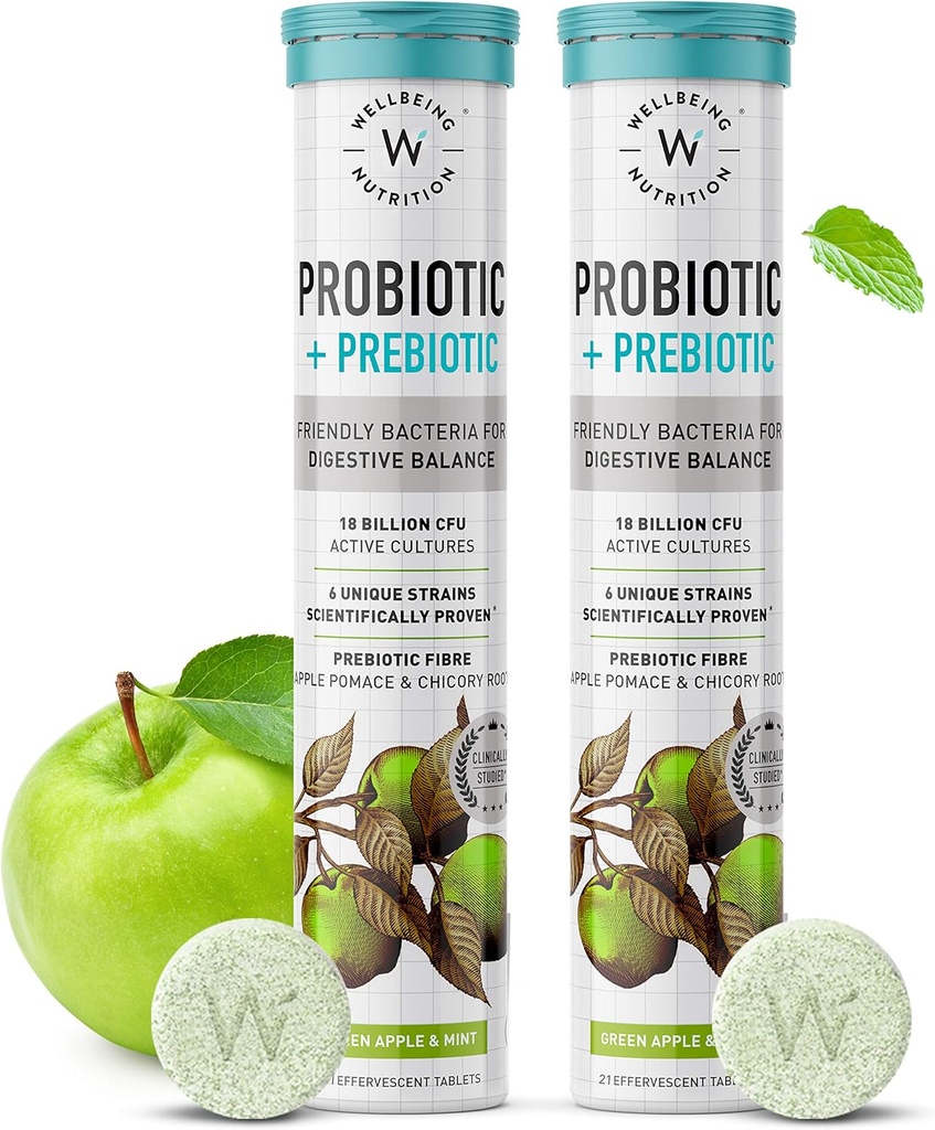 WELLEING NUTRITION Daily Probiotic + Prebiotic® Plant Basert |18 Million CFU, 6 Strainer for menn og kvinner med organisk prebiotisk fiber for digestion, Gut helse, metabolisme | 42 Effervecent Tabs