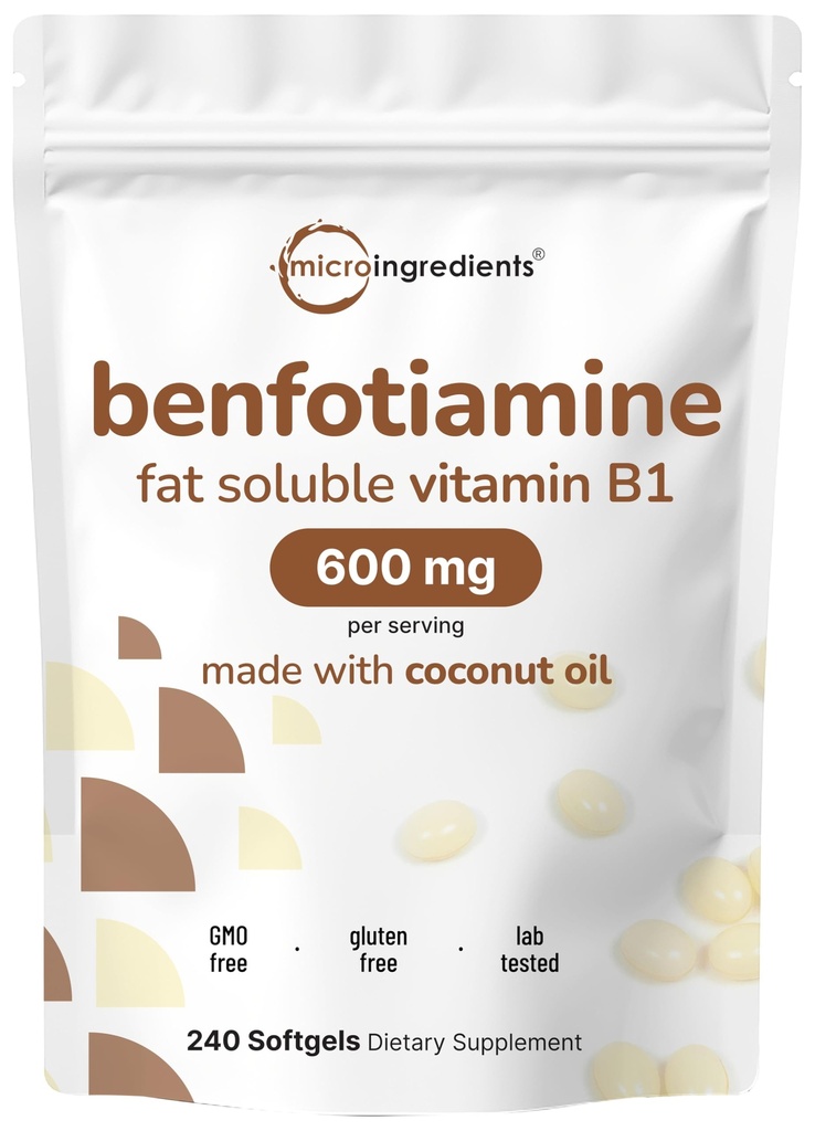 Mikroingredienser Vitamin B1 Benfotiamin 600mg Per servering, 240 Kokosolje Softgels | Biotilgjengelig B vitaminer Supplement, konvertert til aktiv Thiamin | Ikke-GMO, Soya Gratis