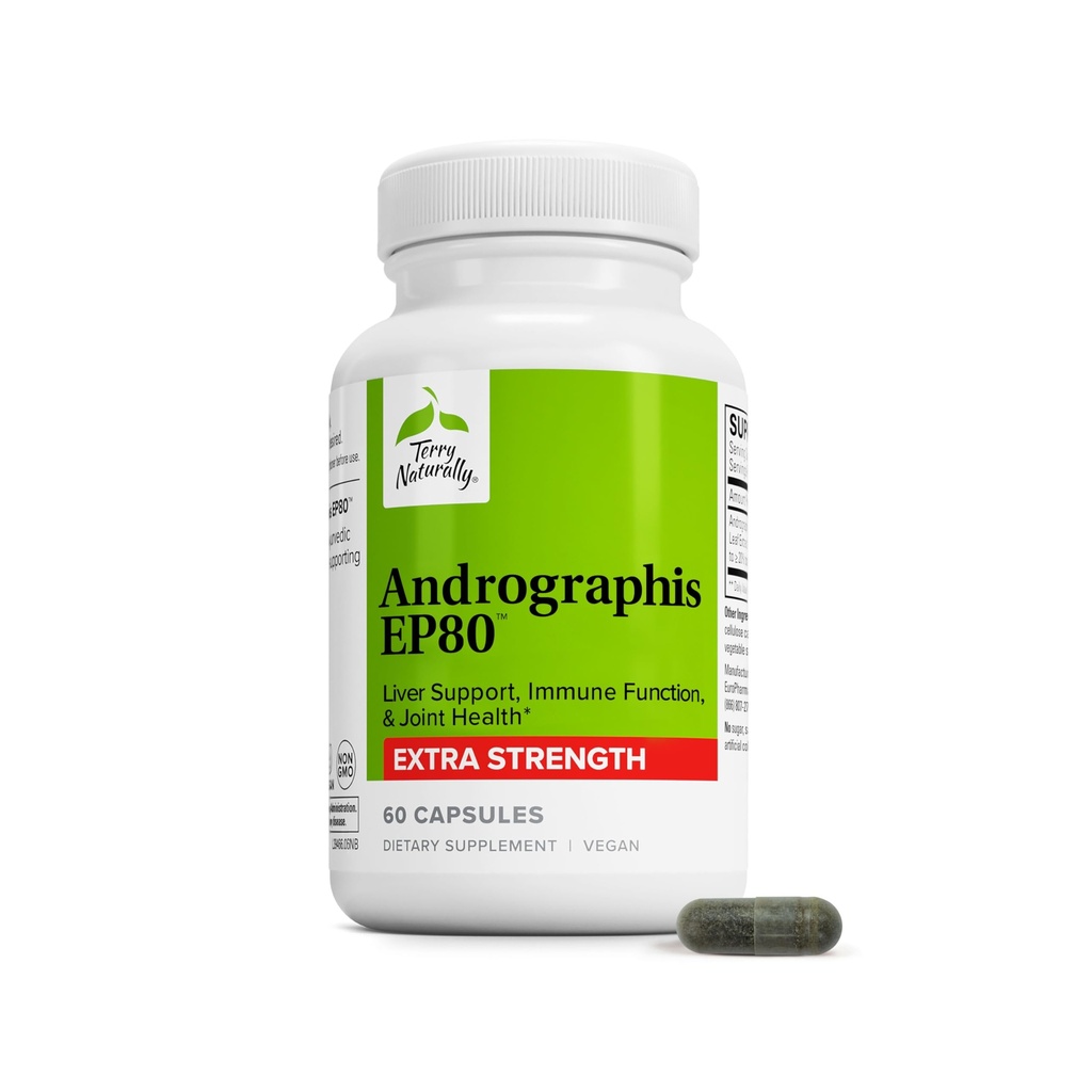 Terry Naturally Andrographis EP80 Ekstra styrke - Hjernehelse og immunstøtte - Felles helsetilskudd til hjelpemobilitet - Vegansk Adaptogen Supplement for energi og lever støtte - 60 Kapsler