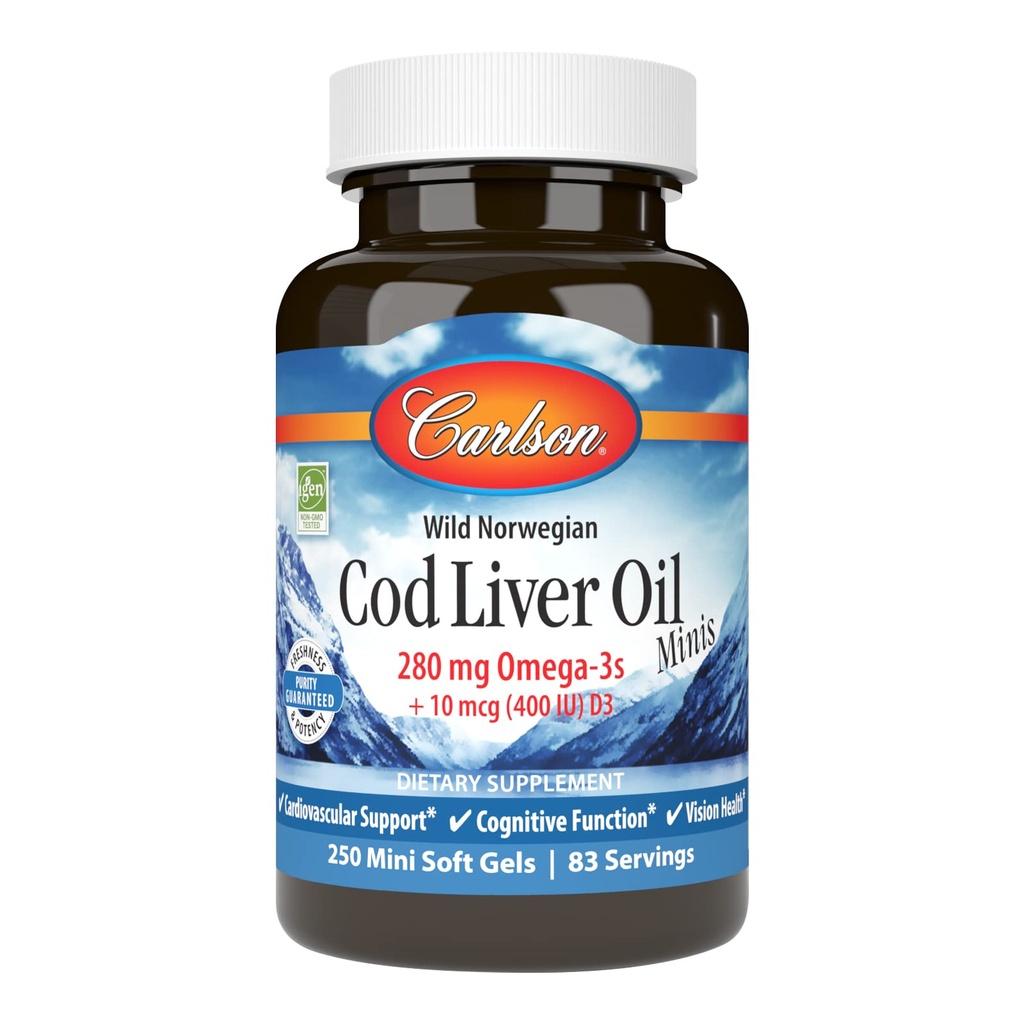 Carlson - Cod Liver Oil Minis, 280 mg Omega-3s + vitaminer A & D3, hjerte støtte og kognitiv funksjon, visjon helse, 250 mini myke geler