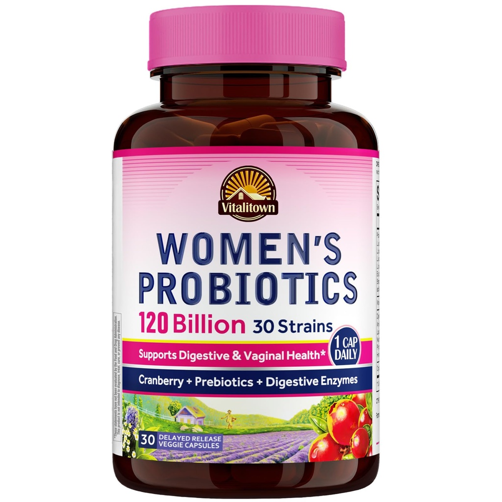 Vitalitown Probiotika for kvinner 120 milliarder CFUs, 30 Strains, med prebiotika og digestive enzymer og tranebær, Gut & Vaginal Health, Vegan 30 forsinket utgivelse Caps