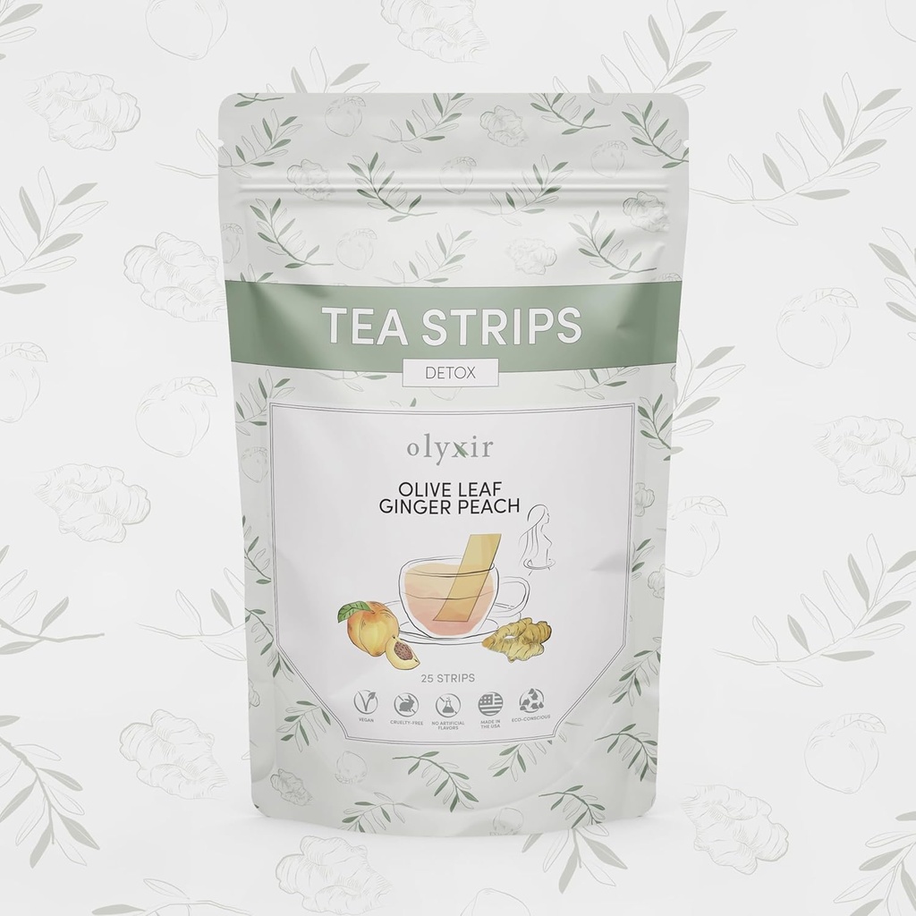 Olyxir Detox Tea Strips - Natural Olive Leaf, Ginger, & Peach Flavors - Øyeblikk, Energisering, Økologisk, Paleo, Vegansk, Ikke-GMO | 25 Ct