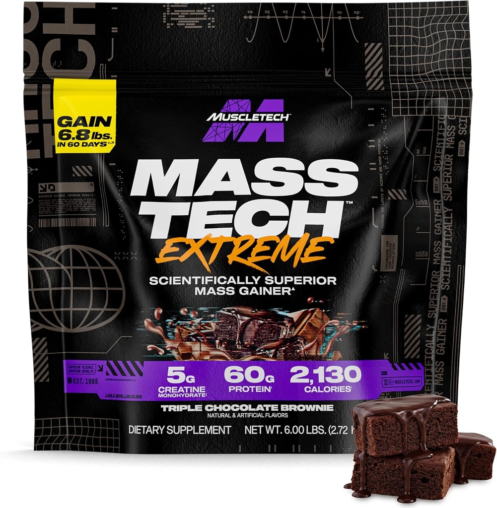 Muscletech High-Protein Mass Gainer (Triple Chokolade Brownie, 6LB) - Mass Tech Extreme 2000 Mass Gainer Protein pulver Supplement - Vektvinner for å øke muskel, forbedret gjenoppretting og styrke