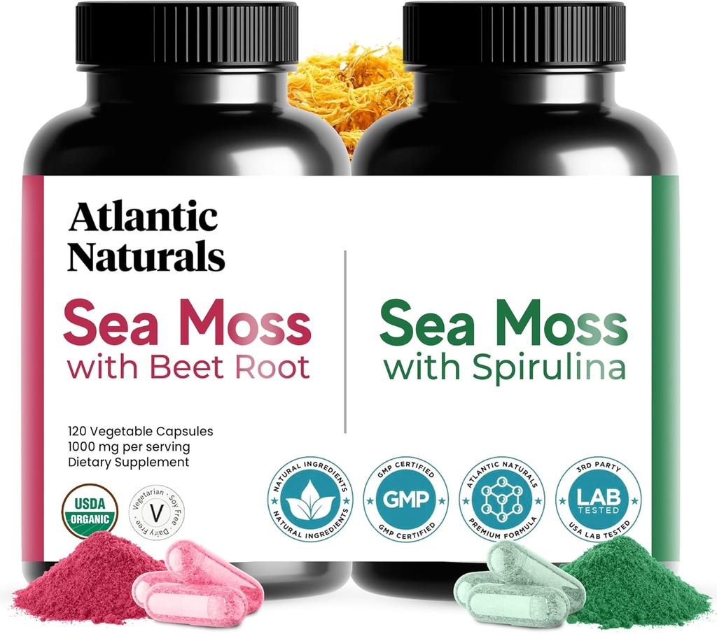 Atlantic Naturals Sea Moss Superfood Bundle - sjø Moss med beet Root & Spirulina Kapsler - Forsvarsstøtte, blodflyt, felles helse og jern - 240 Kapsler (2 x 120 ct)