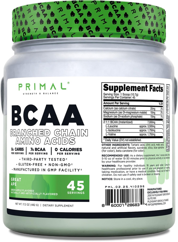 Primal BCAA pulver Great Ape (45 SERVICE) (grønn Apple Flavored) - 0 g Kolhydrater, 0 kalorier, 7g BCAA Per servering