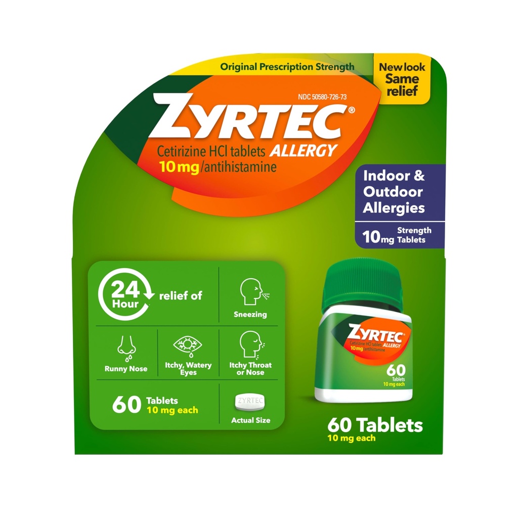 Zyrtec 24-timers allergi relief tabletter, innendørs og utendørs allergi medisin med 10 mg cetirizin HCl per antihistamin tablett, lindring av allergier, 60 teller.