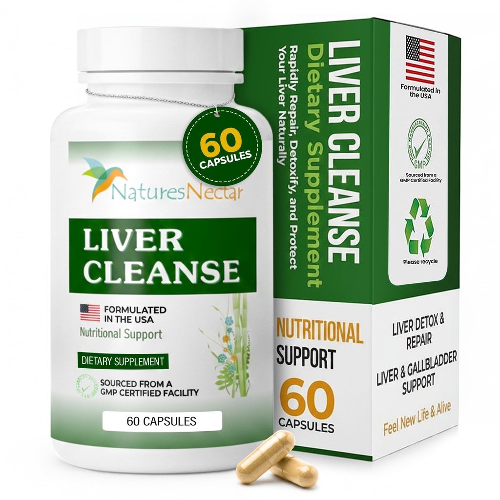Naturens Nectar Liver Cleanse Detox & Reparasjon – Active Liver Support Supplement med Melk Thistle Lever Detox – Hjelper Reparasjon og Beskytt Liver, Hjelper Fatty Liver & Gallblader Helse – 60 Kapsler