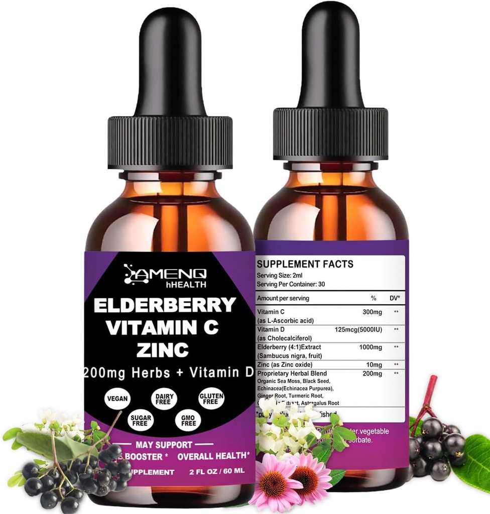Organic Elderberry Syrup, flytende dråper Elderberry Vitamin C og sink for voksne, 11-i-1 Sambucus Black Elderberry Tinktur m / vitamin D3, Hav Moss Svart Seed, Elderberry Immune Support Supplement