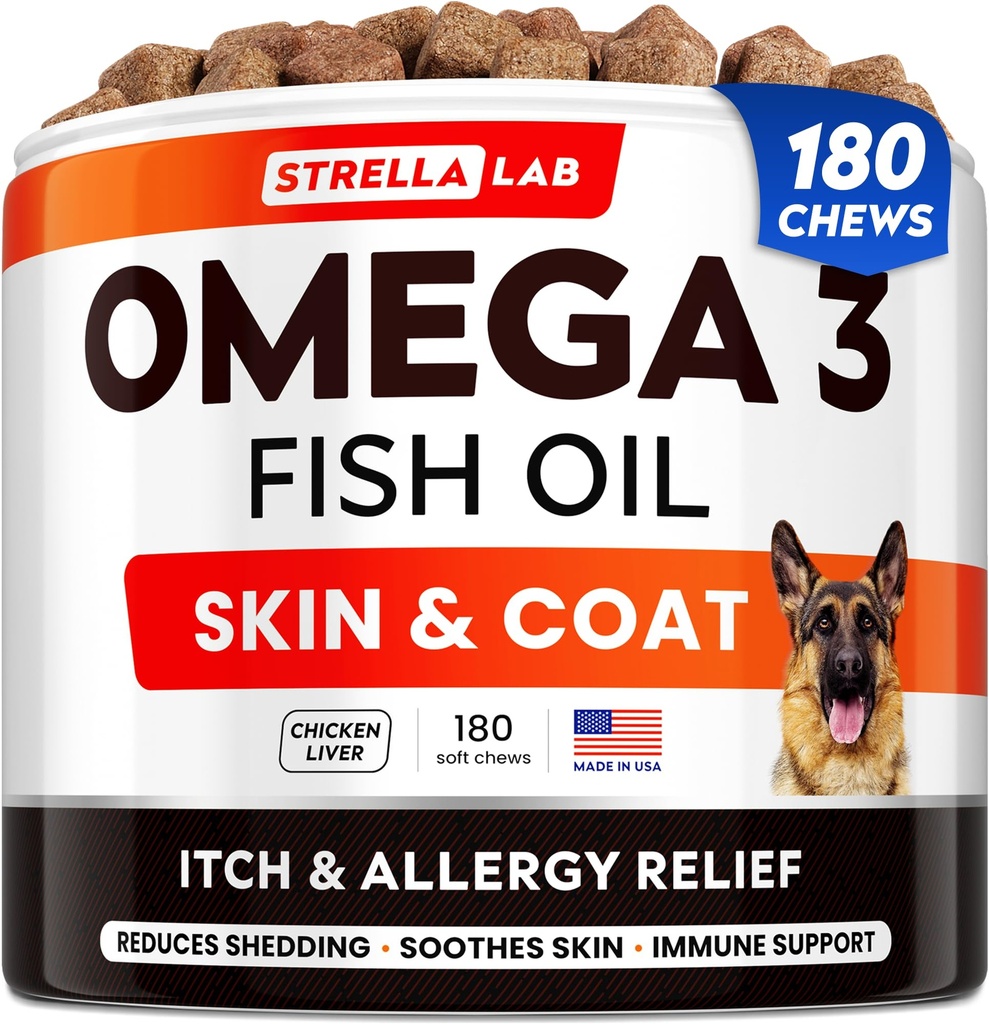 StrellaLab fiskeolje Omega 3 behandlinger for hund (180 behandlinger) - Allergi & kløe relief - Hud & Coat Supplement - Felles helse - Wild Alaskan Salmon Oil - Shedding, kløende hud relief - Omega 3 6 9 - EPA & DHA