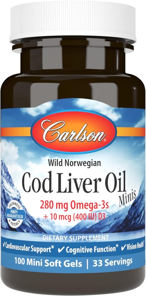 Carlson - Cod Liver Oil Minis, 280 mg Omega-3s + vitaminer A og D3, Norsk, Wild Caught, Sustainablely Sourced, 100 Mini Softgels