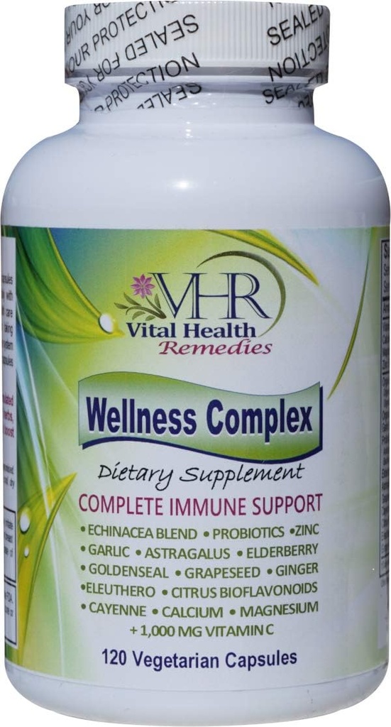 VHR Wellness Complex Immune Boosting Formula med Echinacea, Goldensel, Hvitløk, Probiotika, Elderberry, Astragalus, Grapefrø, Cayenne, Bioflavonoider, Eleuthero, Ginger, VIT. C, sink. 120 Veg caps