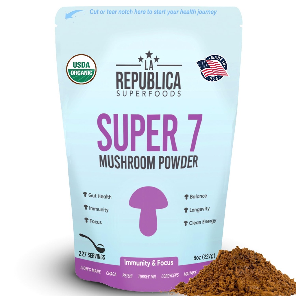 La Republica Superfood Super 7 Mushroom Extract pulver, inkluderer Lions Mane, Reishi, Chaga, Cordyceps, Shiitake, Maitake og Tyrkia Tail (8 oz)