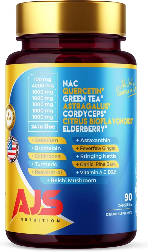 AJS Quercetin 4000mg med Nac Grønn Te Cordycepscitrus Elderberry Selenium Echinacea Turmeric Resveratrol Astaxanthin Feverfeberfeber Reishi Mushroom 90 Caps 20 i 1
