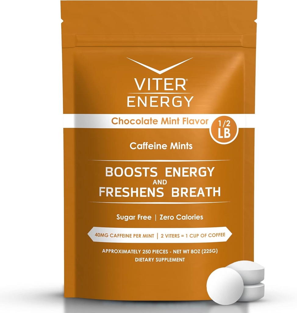 Viter energi 40 mg koffeinmynter - sukkerfri, B-vitaminer, vegansk, øker raskt energiisert varslingsfokus, koffeinert nootropisk kosttilskudd piller (Chokolate Mint Flavor, 8oz, bulk pose)