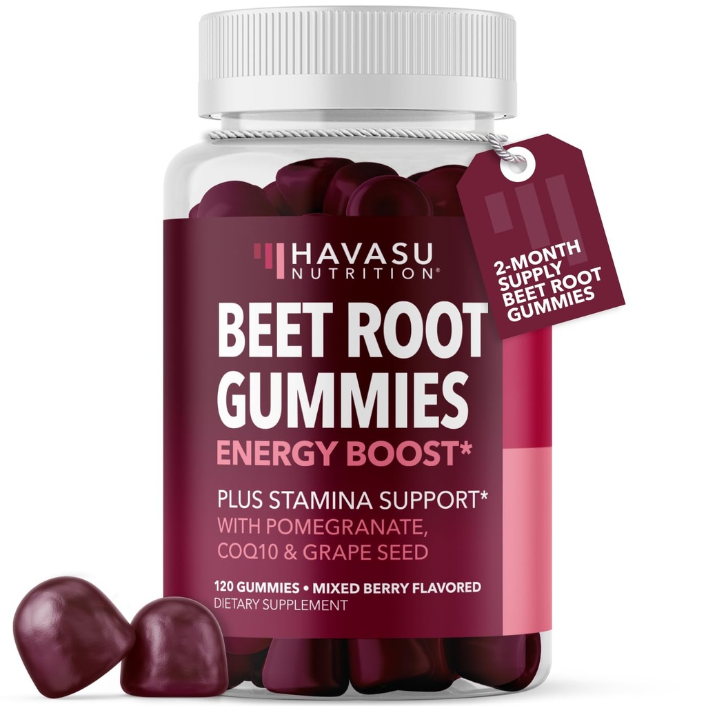 Beet Root Gummies med COQ10 & Pomegranat - Nitric Oxid Supplement for menn og kvinner - Beetroot for utholdenhet, ytelse, gjenoppretting - Vegan, ikke-GMO, Glutenfri - Blandet Berry Flavor, 120 greve