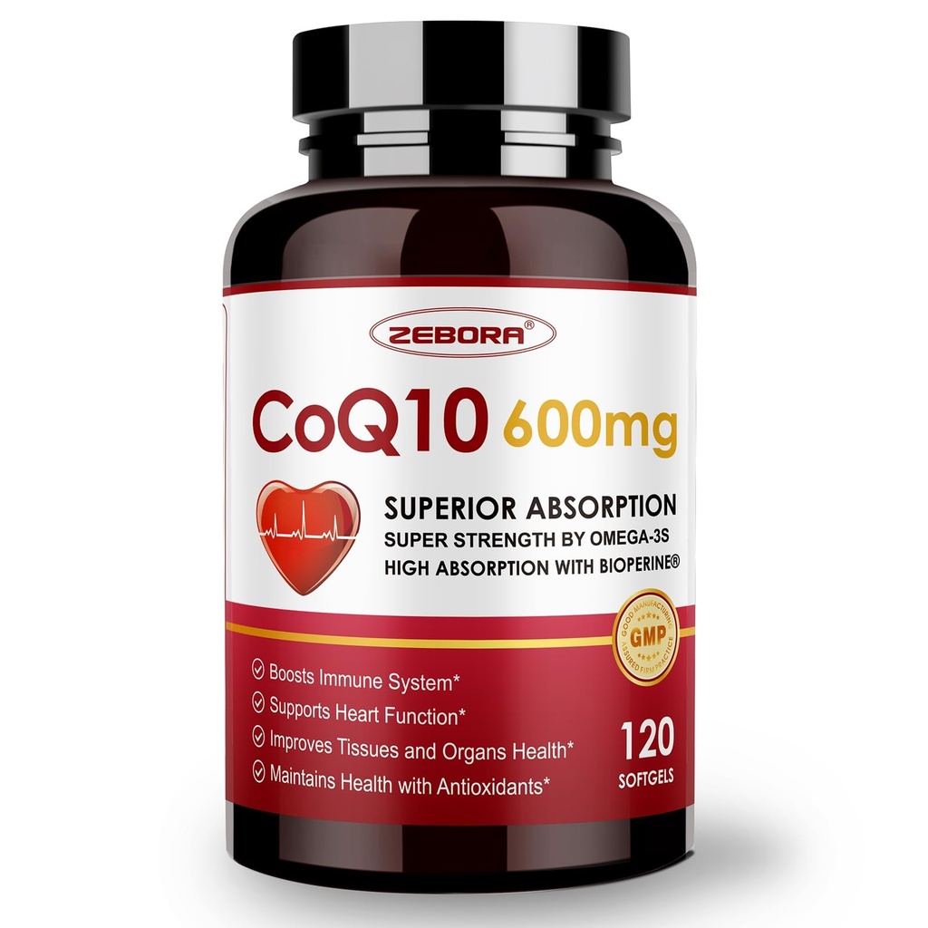 ZEBORA CoQ10-600mg-Softgels - Ekstra styrke Coenzym Q10 med PQQ, Omega-3 & BioPerine - høy absorpsjon CoQ10 Kosttilskudd Antioksidant (Ubiquinon) for hjerte helse og energi produksjon, 120 Softgels