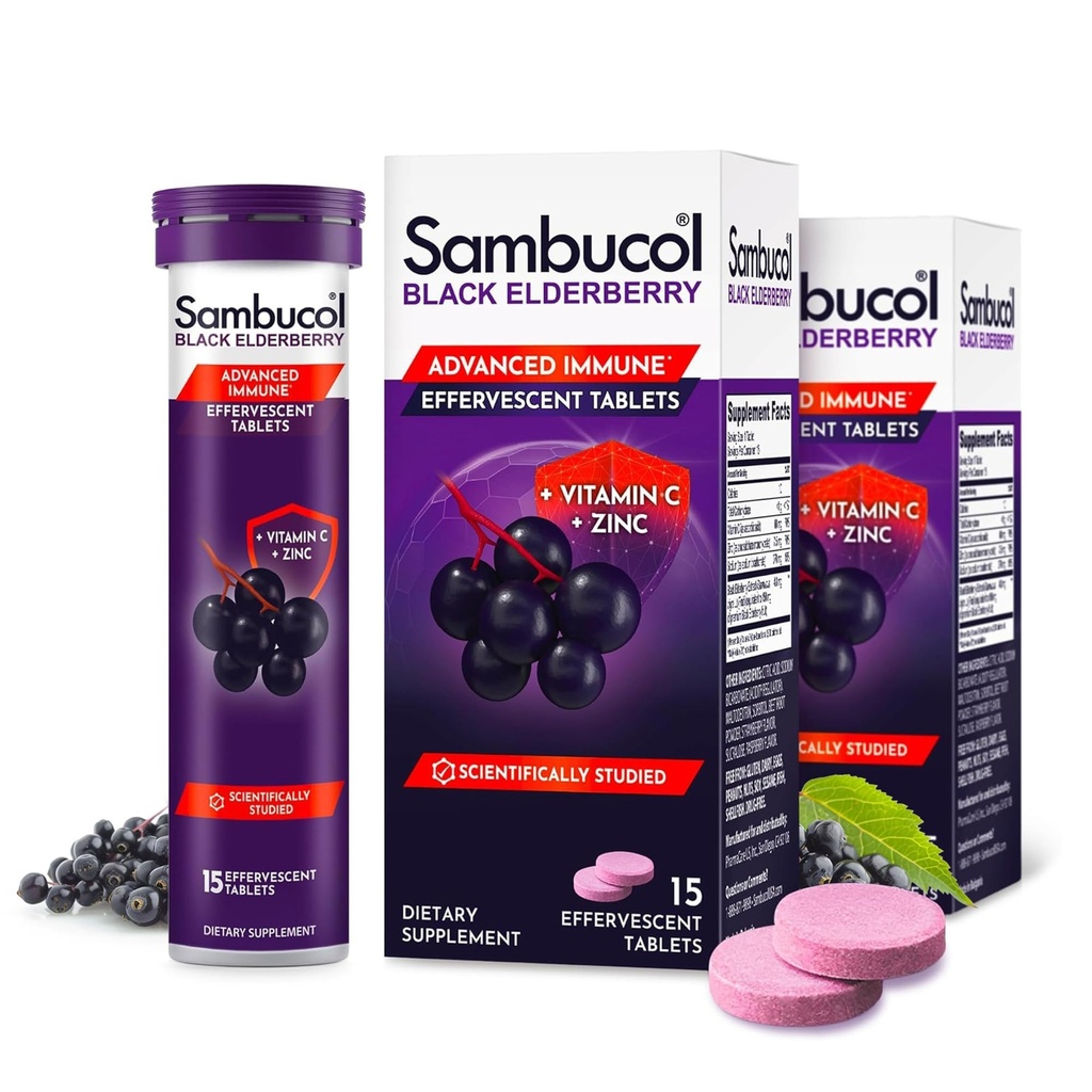 Sambucol Black Elderberry Tabletter med vitamin C & Zink - Immun Support Supplement, Black Elderberry med sink og vitamin C Effervescent Tabletter, Høye antioksidanter, Drikke Fizzies- 30 Count