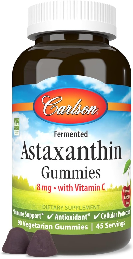 Carlson - Astaxanthin Gummies, med vitamin C, immun støtte, antioksidant, hjertehelse, ikke-GMO, Cherry Flavor, 90 Vegetariske Gummies