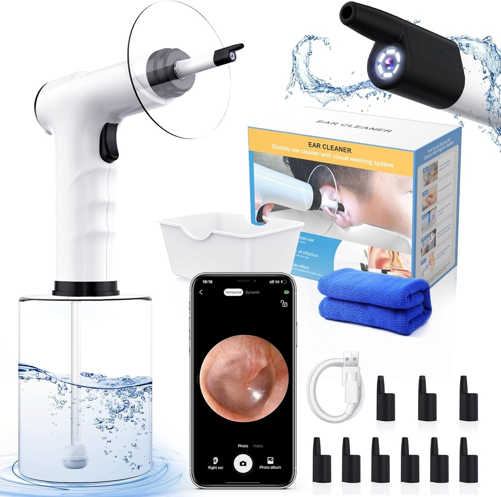 Ear Wax fjerning, ørerensesett, vanndrevet ørerenser med 3 trykkmoduser 12 erstatningstips, øret irrigasjon Flushing System, trygt og effektivt ørevoksfjerning verktøy (svart)