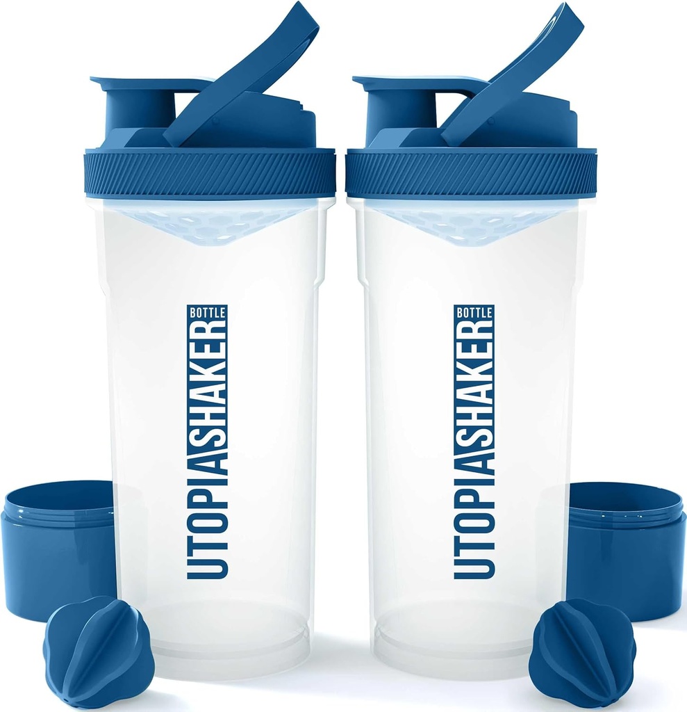 Utopia Hjem Shaker flaske 2 pakke - 24 Ounce Plastprotein eller Cocktail Shaker flaske for pre & post trening med Twist & Lock Protein boks lagring (clear / Navy)