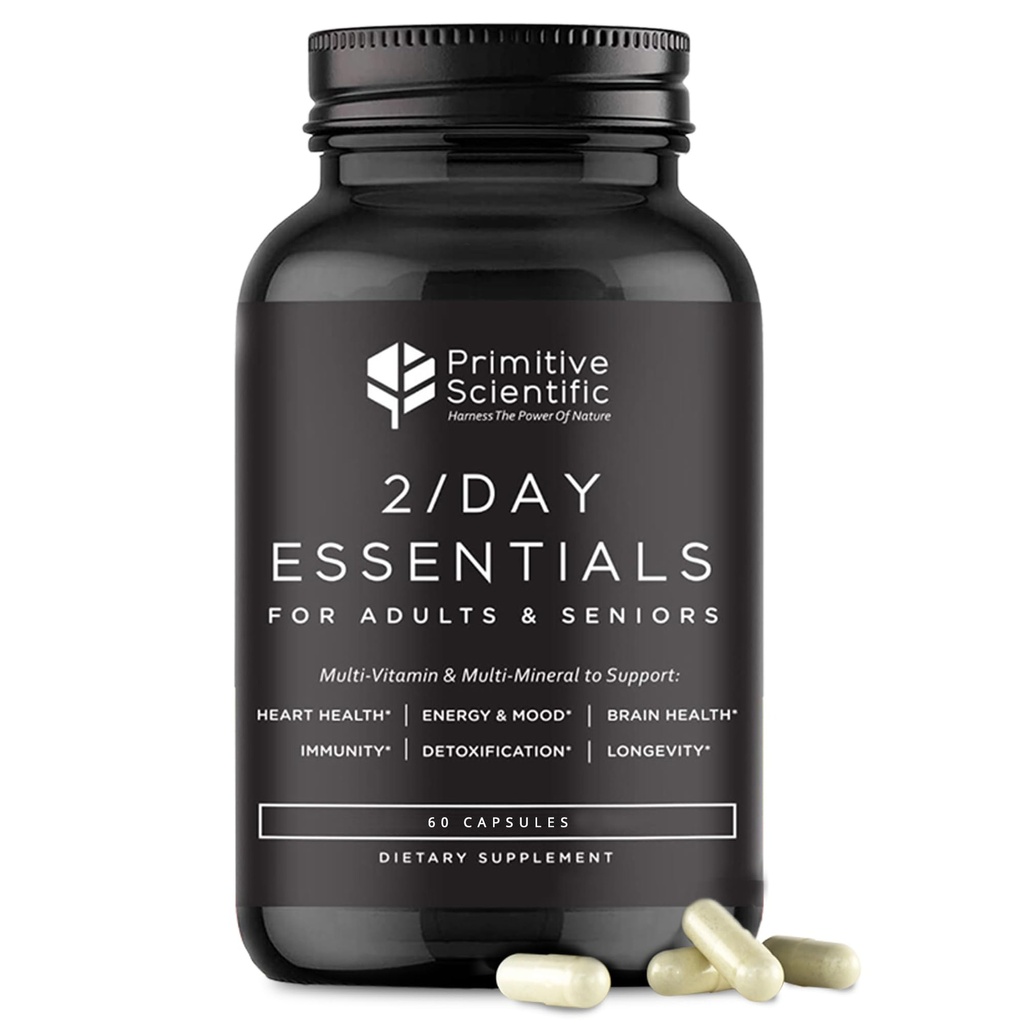 Full mat Daglige essensielle multivitaminer for voksne og eldre - 2X om dagen - vitamin A, C, D, E, B12 og Mineraler - Naturlig og holistisk støtte (60 kapsler)