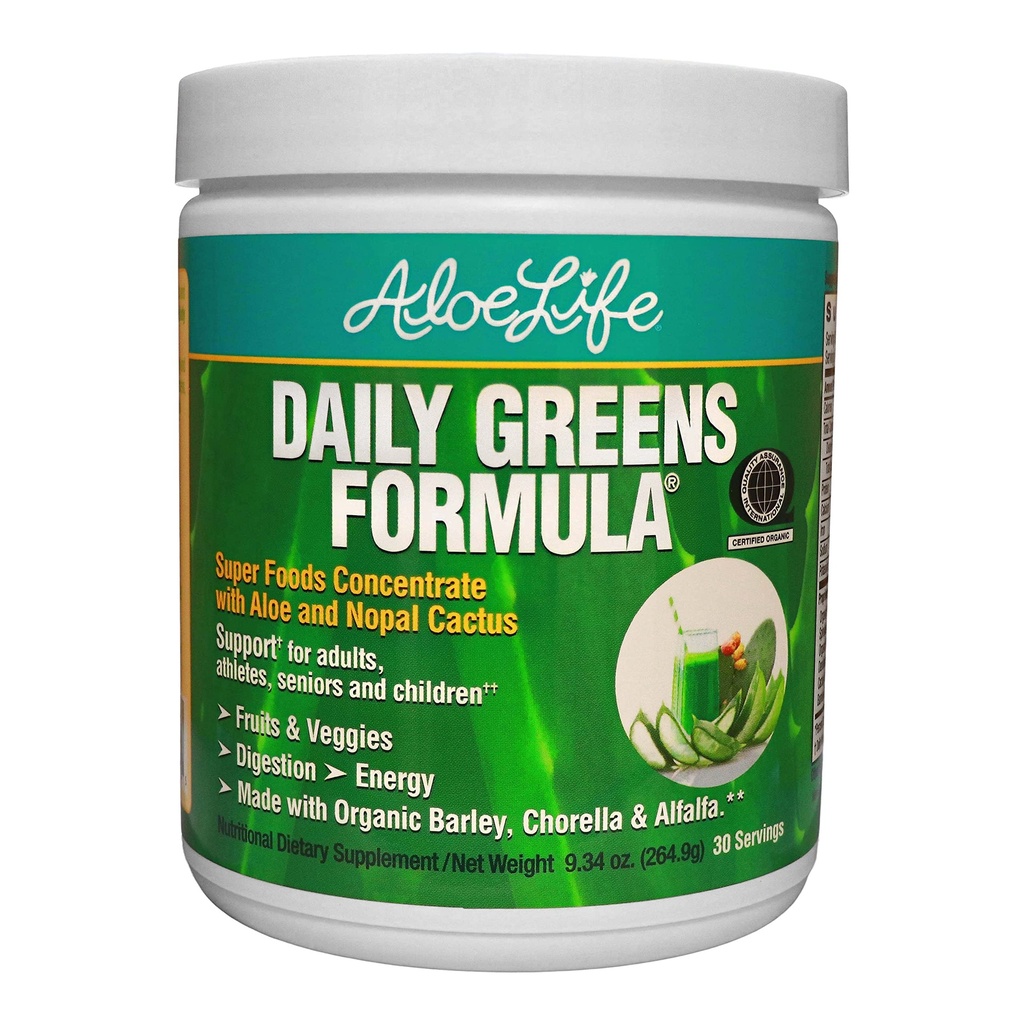 Aloe Life - Daglig Grønn pulver, QAI-sertifisert organisk helse supplement, antioksidanter, 21 frukter, grønnsaker, og urter inkludert Aloe & Nopal kaktus, lavkalori, keto-vennlig, Glutenfri (30 serveringer)