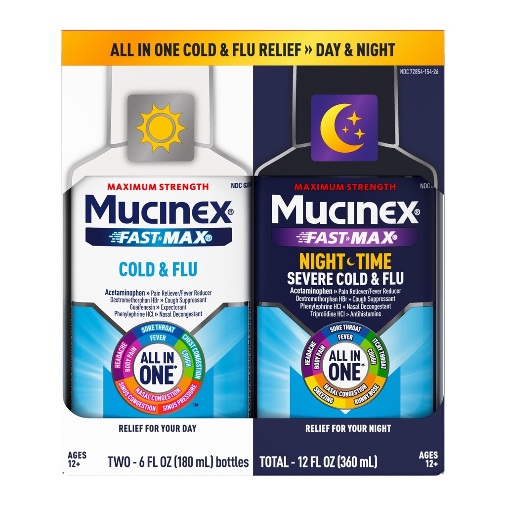 Mucinex raskt-maks kald og influensa og natteskift medisin for voksne, over-the-counter medikament Combo Pack for Sore Throat Relief, Decongestant, Cough & Cold Medicine (2 x 6 Fl Oz)