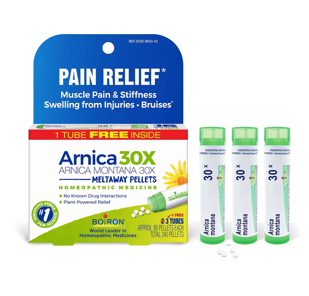 Boiron Arnica Montana 30X Homeopatisk medisin for lindring fra muskelsmerter, muskelstivhet, hevelse fra skade, og misfarging fra bruises - 3 greve (240 pellets)