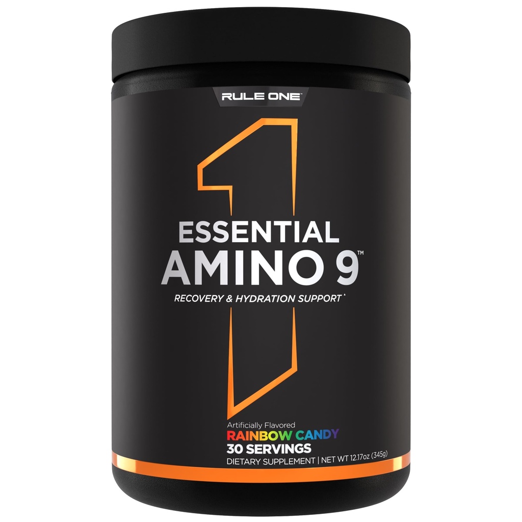 Regel 1 Essential Amino 9 - Recovery & Hydration Support med 7,5 g essensielle aminosyrer + elektrolytter (30 Serveringer, Rainbow Candy)