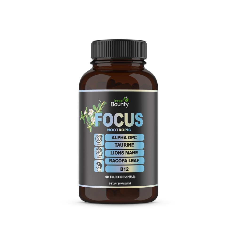 Focus 14-i-1 Nootropic Brain Supplement med Lions Mane, Alpha GPC Choline, vitamin C & B12, Taurin, Bacopa - Energi, Kognitiv, Minnestøtte, 60 Filler gratis kapsler
