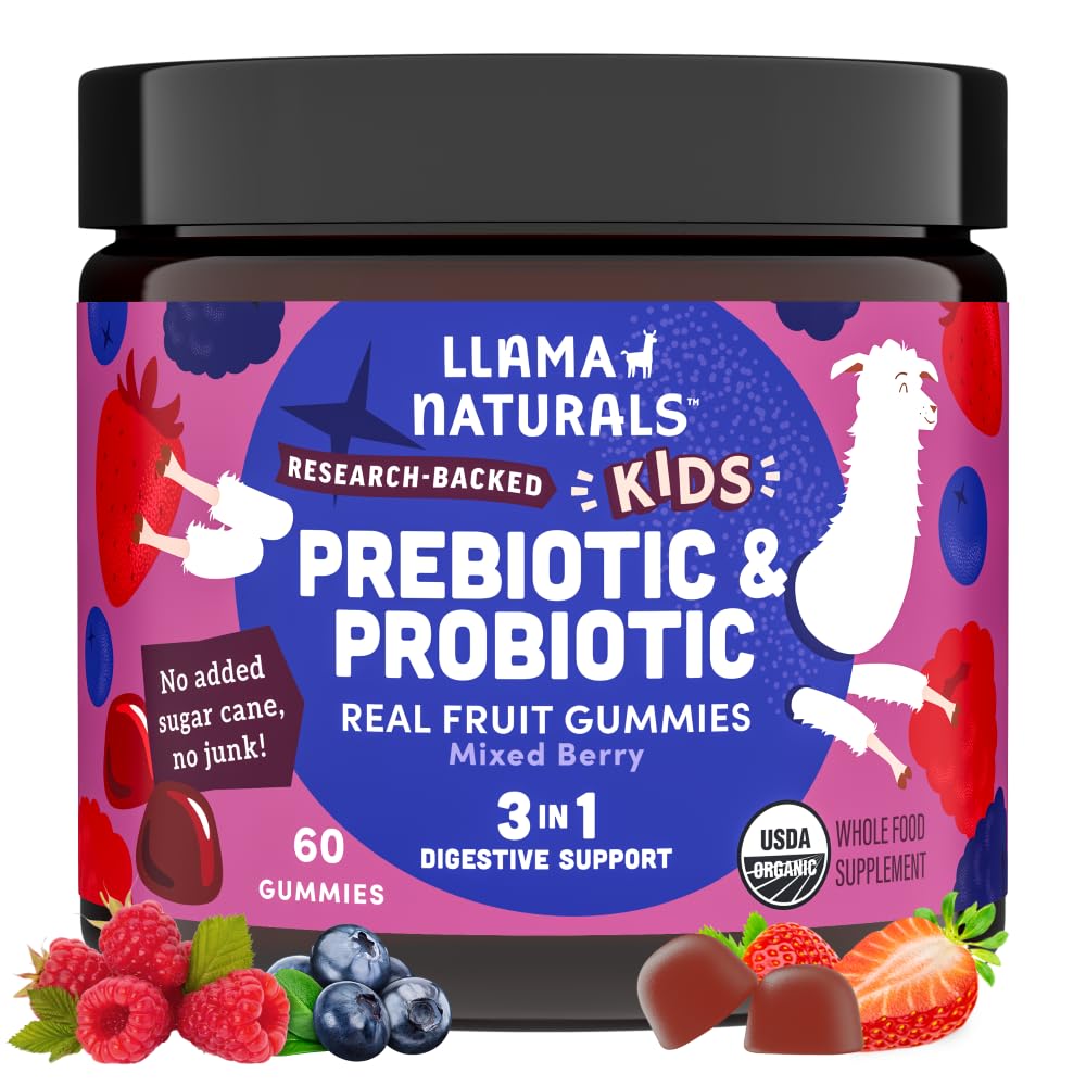 Llama Naturals Kids Probiotic with Prebiotic Fiber, Vegan, organiske prebiotika og probiotika Gummies for Gut helse støtte, Toddler ekte frukt Gummy vitaminer, Ingen lagt til sukker Cane, Blandet Berry, 60 Ct