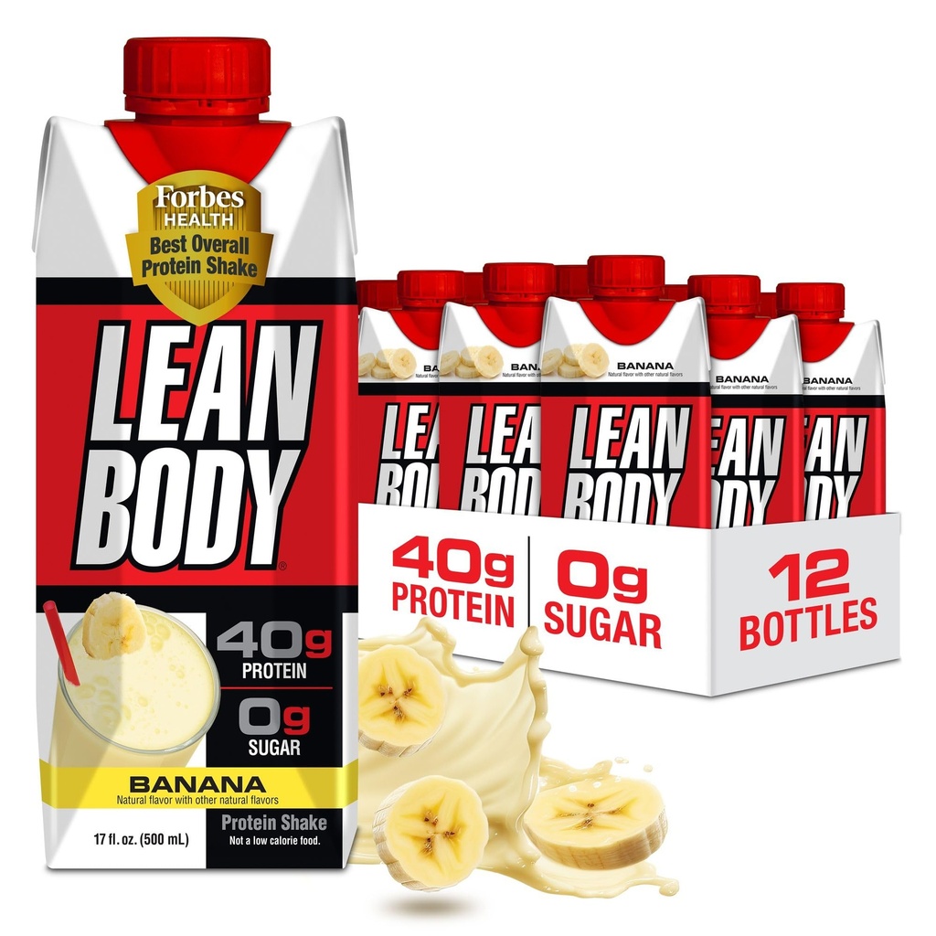 Lean Body Ready-to-Drink Banan Protein Shake, 40g Protein, Whey Blend, 0 Sukker, Glutenfri, 22 Vitaminer og mineraler, 17 Ounce (Resirkulerbar Carton & Lid - Pakke med 12)