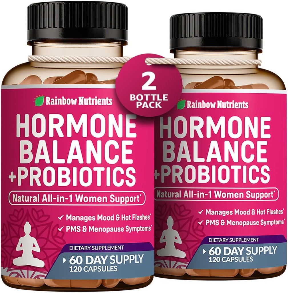 (2 Pack) Hormon Balance + Probiotika for kvinner (3450mg) Naturlig lindring for Menopause, Hot Flashes, PMS, Bloating  sítt 4:1 Chasteberry, Dong Quai, Black Cohosh | Non GMO240 V Kapsler